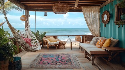 Obraz premium A container house with eclectic boho design by the beach, driftwood furniture, beaded curtains blowing in the breeze, patterned hammock, macrame décor, all bathed in soft coastal light.