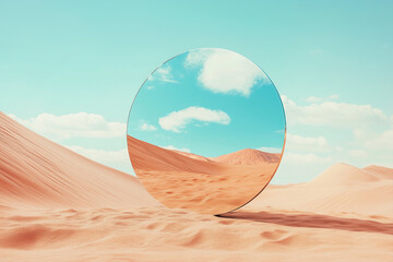 circle mirror in the desert reflection sand dune and sky