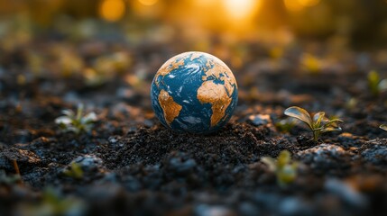 Earth globe nestled in soil, small plants surrounding it under a golden sunlight glow