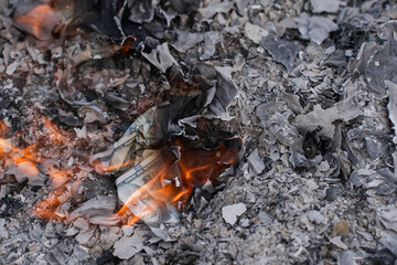 Burning US Dollar Bills on Ashes Representing Financial Loss and Waste