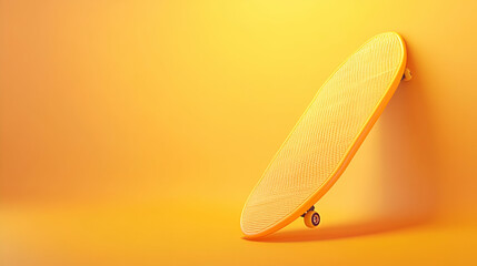 Yellow skateboard leaning against wall, minimalist background