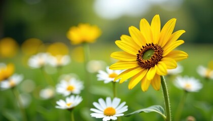 Obraz premium One bright yellow sunflower among white daisies, individual, different, plant