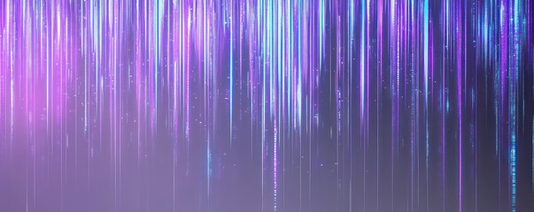 Bright purple and blue vertical data lines flowing across the scene in a glitch art style, set against a gradient dark gray background