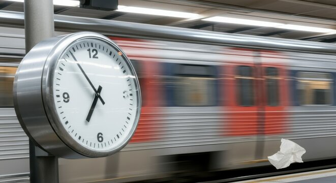 Blurred train motion next to station clock with flying paper