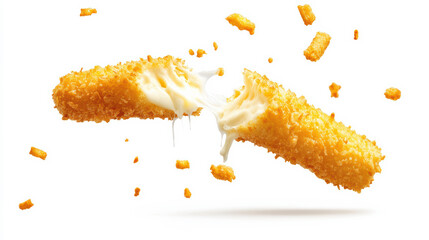 Golden crispy mozzarella stick in motion with copy space