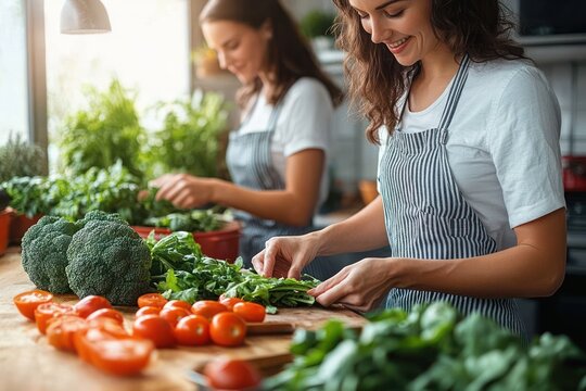 couple cooking healthy dinner together in modern kitchen preparing fresh vegetables