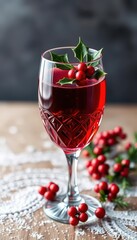 Ruby red wine in a crystal glass, adorned with festive holly sprig, wine glass, glassware, holly