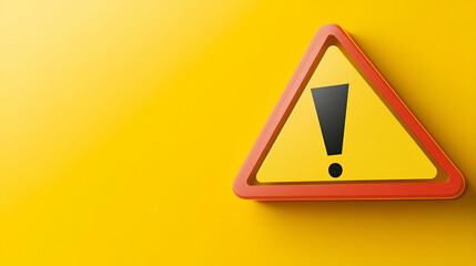 Yellow warning sign, exclamation mark, caution concept, 3D render, background