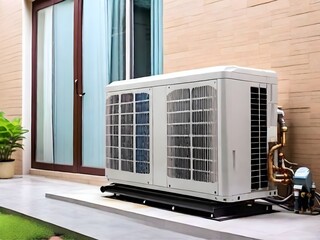 A modern home's efficient climate control system, quietly ensuring comfort and peace of mind, sitting neatly outside on a stone patio with a soft light.