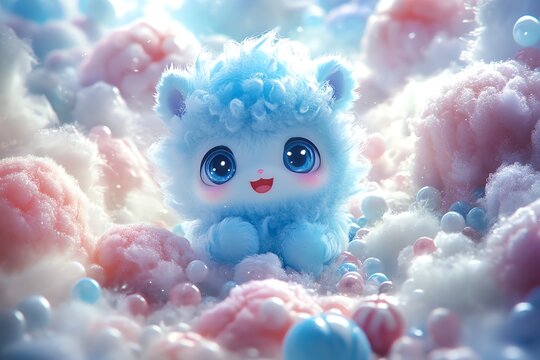 Adorable Blue Fluffy Creature in a Pastel Candyland