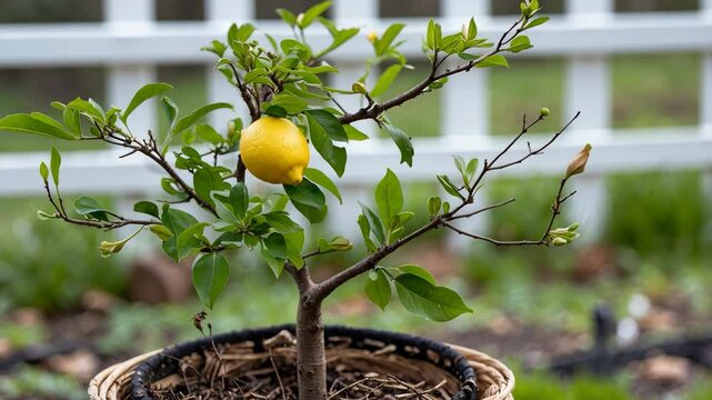 A small Meyer lemon developing on an unhealthy tree. The tree is in a pot and outside. The branches are bare, and the leaves have dropped. In spite of its deteriorating condition, a lemon is forming