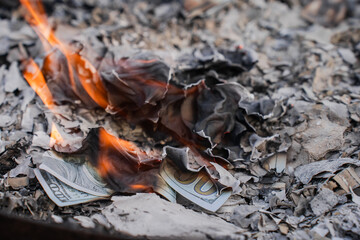 Burning US Dollar Bills on Ashes Representing Financial Loss and Waste