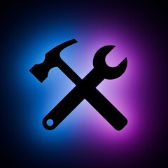Spanner and Hammer Tools in an X-Shaped Arrangement with Blue and Purple Neon Light on Dark Background.
