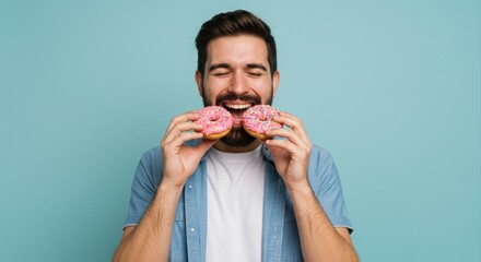 Happy man enjoying two frosted donuts.