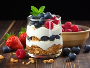 Yogurt parfait with berries on rustic wooden table