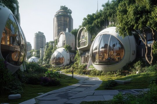 Modern futuristic homes nestled in greenery at an urban development site