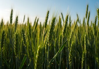 Obraz premium Close-up of Green Wheat Field Against Blue Sky Agriculture, Farming, Nature, Food Background.
