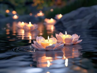 A riverside festival scene featuring floating candles in delicate flower-shaped holders, drifting gently on the calm water, their reflections creating