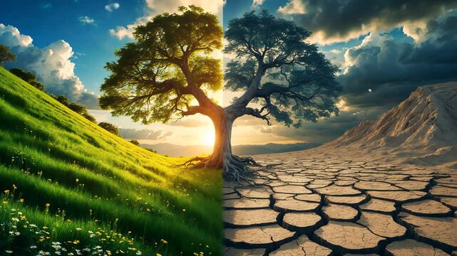 A global warming concept illustration depicting the impact of dry land with tree transformation.