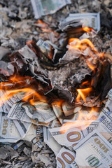 Burning US Dollar Bills on Ashes Representing Financial Loss and Waste