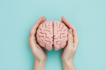 A light blue background features a woman's hands holding a paper brain, representing awareness of neurodegenerative and mental health conditions like Alzheimer's, Parkinson's, and dementia, and the