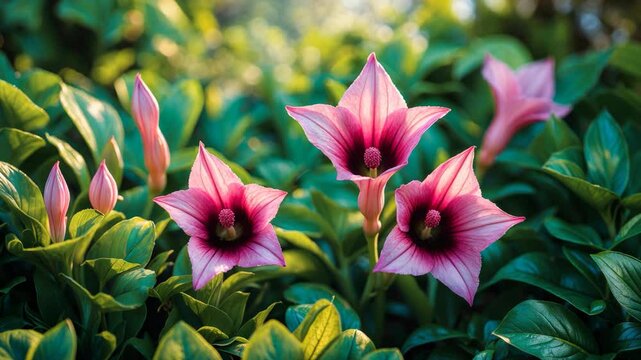 A stunning scene of the blossoming trumpet-shaped pink flowers alongside the green foliage.