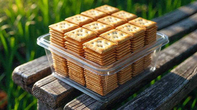 A box of square-shaped crackers in a transparent plastic container resting on a wooden bench. The crackers possess a mildly crunchy texture.