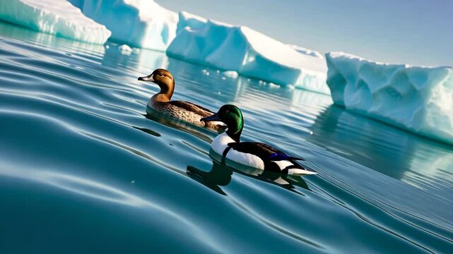 A plain female with brown feathers and a stunning black and white male common eider gliding side by side in the chilly Arctic waters.