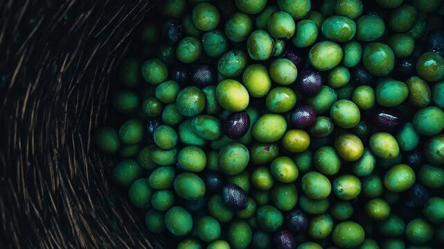 Assorted green and black olives in a woven basket from a bird's eye view