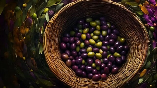 Harvested olives in a wicker basket against a dark rustic background