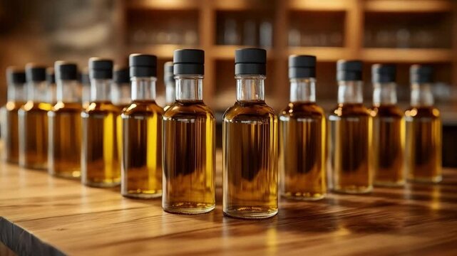 Glass bottles of olive oil arranged on wooden shelf in a rustic setting