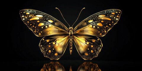 Golden Butterfly: A vector-style gold butterfly with intricate details, resting on a glossy black surface that reflects its shape and the golden hue.
