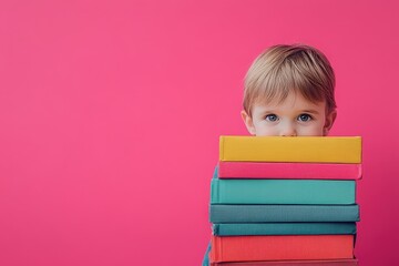 Child holding stack of colorful books against pink background
