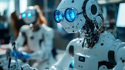 Fototapeta premium Detailed view of the head and torso of a humanoid robot