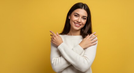 Obraz premium Smiling woman pointing. suggesting options.
