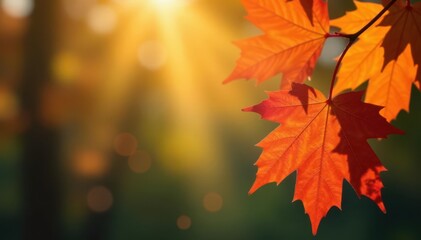 Fototapeta premium Soft-focus autumn leaves, blurred bokeh effect, image, red, background