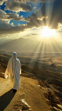 Messenger of God walking in mountains at sunset vertical video 4K