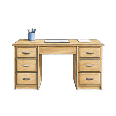 Wooden desk with light oak finish and six drawers on transparent background