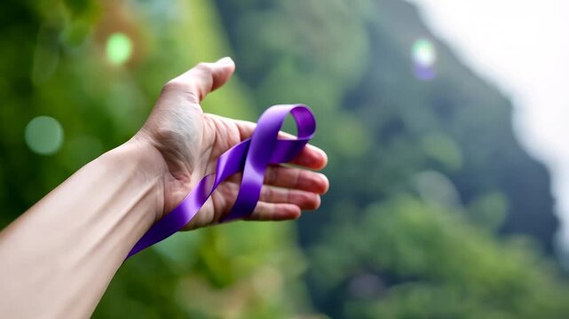 A hand grasping a purple awareness ribbon, representing causes of awareness.