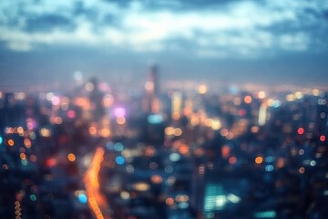 Fototapeta premium Blurry City Rooftop View at Dusk with Golden Hour Sky and Dynamic Cityscape Night Lights Bokeh for Evening Events