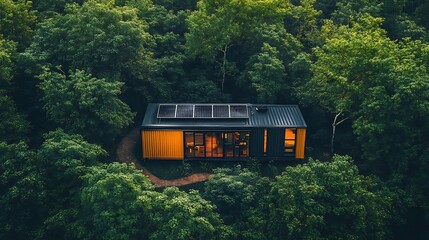Aerial view of a hidden container cabin among dense forest canopies, visible rooftop solar panels and rainwater collection system, dappled sunlight on the ground, winding trail leading to entrance,