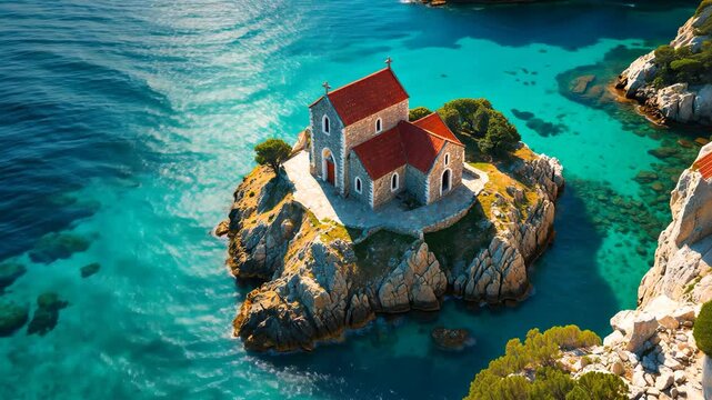 Bird's-eye view of the islet and its quaint hilltop church near the shoreline of a resort town along the Adriatic Sea.