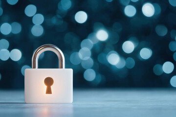 bright padlock with keyhole glows against blurred blue bokeh background, symbolizing security and protection. This evokes sense of safety and trust in digital environments
