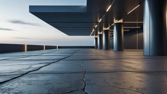 3D rendering of a structure featuring a car park and an unoccupied cement floor.