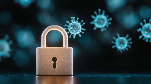 Floating illuminated padlock with subtle out of focus virus particles in background, symbolizing security and protection against threats. image evokes sense of safety and vigilance