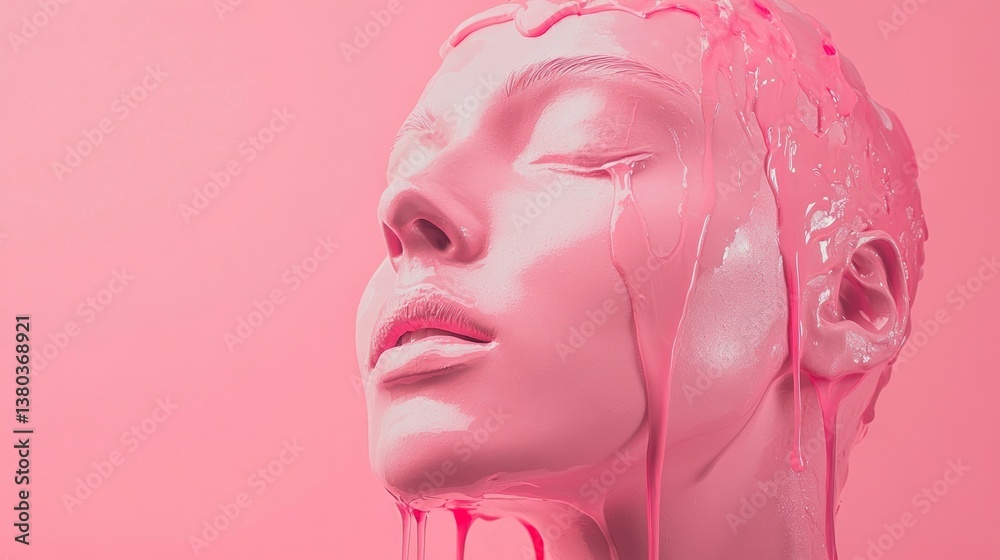 Poster A figure with smooth skin is enveloped in glossy pink substance, creating a dreamlike atmosphere. The soft light enhances the surreal effect, captivating the viewer's imagination