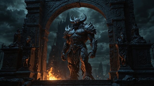 A statue of Tartarus’ Abyssal Gatekeeper, towering before a massive iron gate as countless souls wail behind it