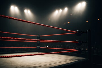 Dramatic Wrestling Ring Under Spotlights Shows Arena Empty Stage