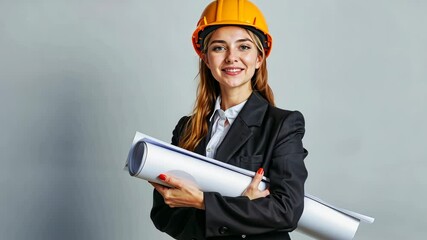 A woman architect engineer wearing a suit and a yellow hard hat holding a roll of paper with projects and designs 4K - Powered by Adobe