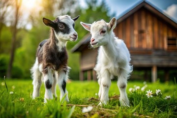 Obraz premium Adorable Newborn Goats: Black & White Farm Kids, Dairy Goat Farming